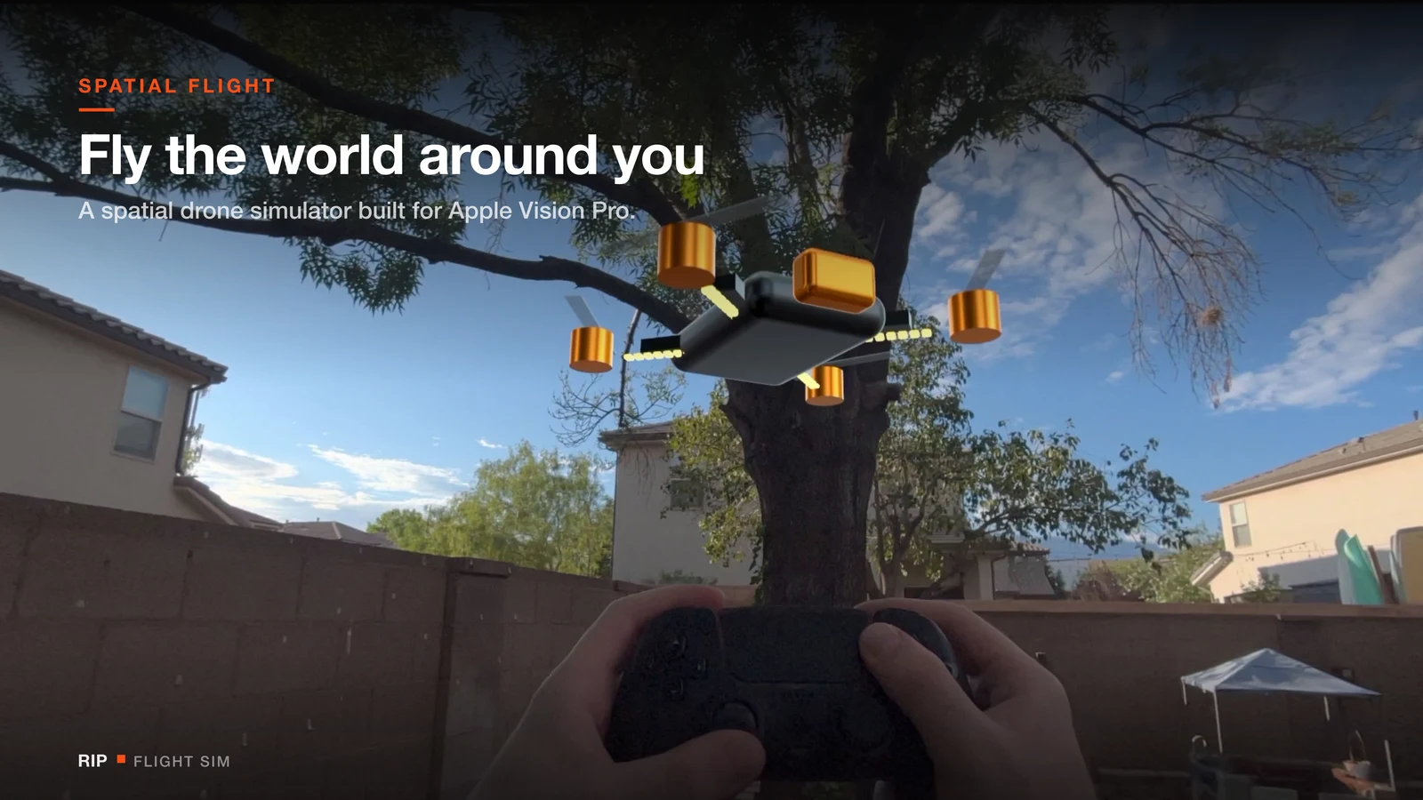 A simulated quadcopter above a handheld game controller in an outdoor space.